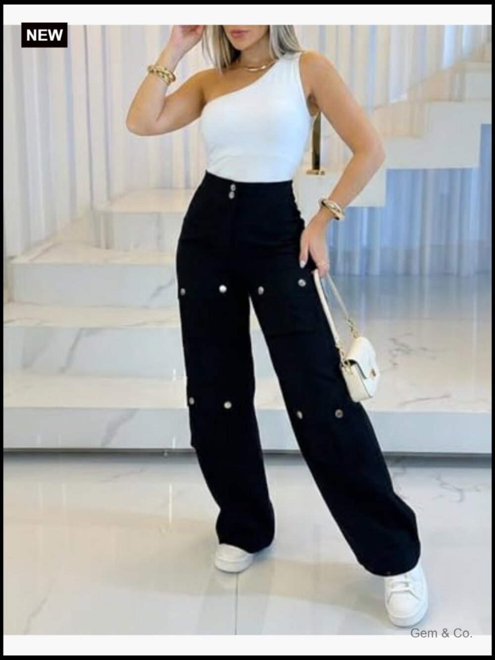 High Waist Cargo Pants with Zipper Fly Flap Pockets Wide Leg Baggy - Picture 4 of 7